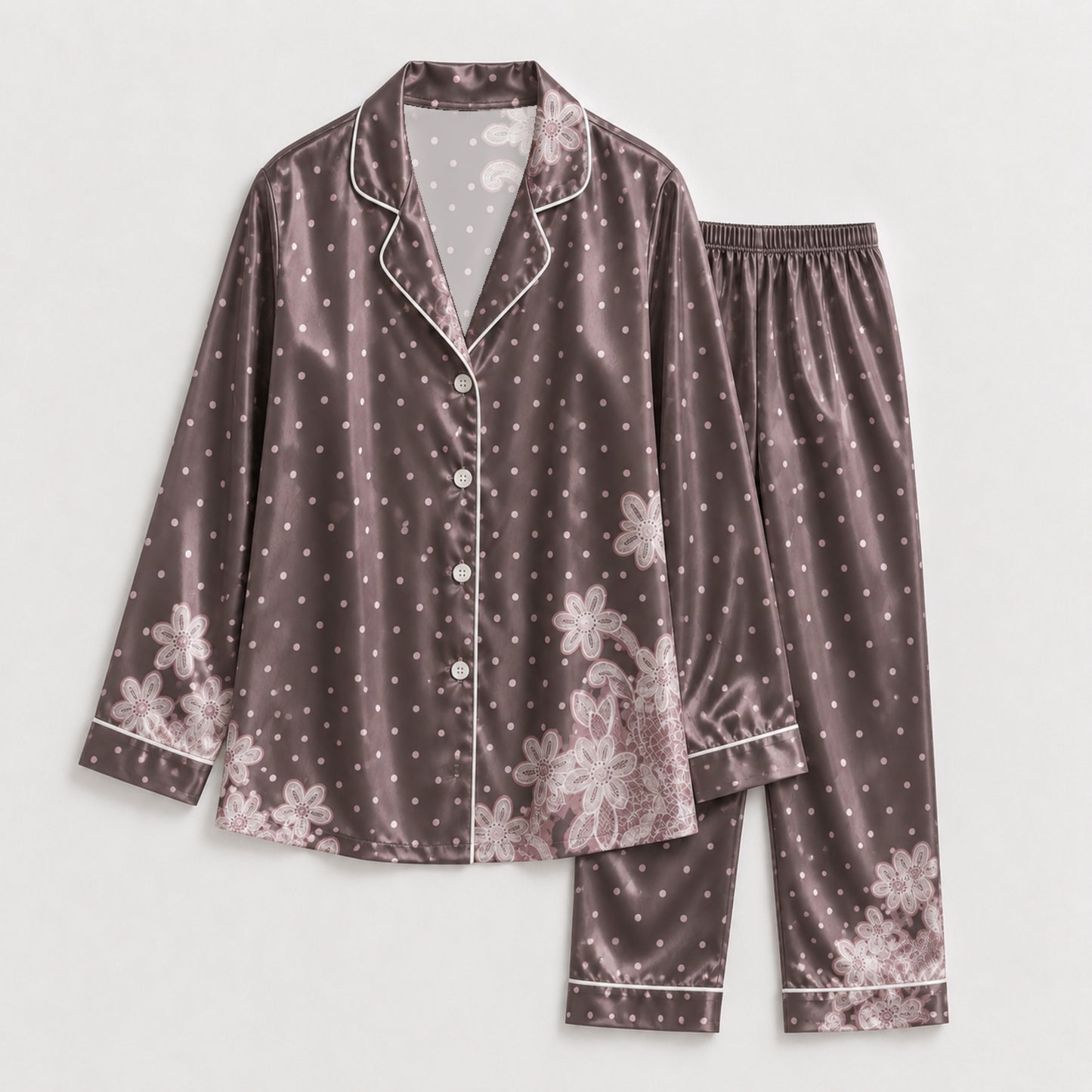 PJ-133-Women Polka Dot Satin Pajamas Floral Border Pattern Loungewear Sleepwear Nightwear Brown Taupe Pjs Matching Set FREE SHIPING