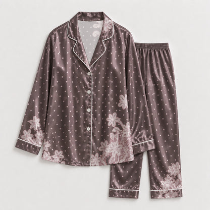 PJ-133-Women Polka Dot Satin Pajamas Floral Border Pattern Loungewear Sleepwear Nightwear Brown Taupe Pjs Matching Set FREE SHIPING