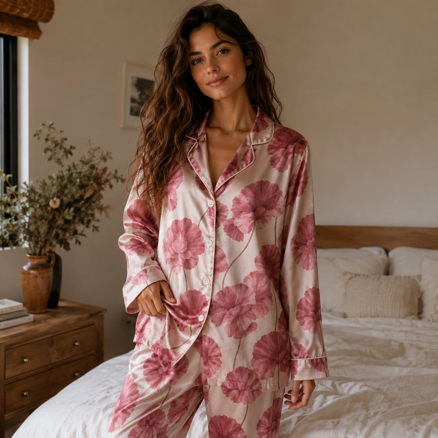 PJ-134-Romantic Floral Satin Pajama Set, Mauve Flower Button Up Nightwear, Cozy Matching Set FREE SHIPING