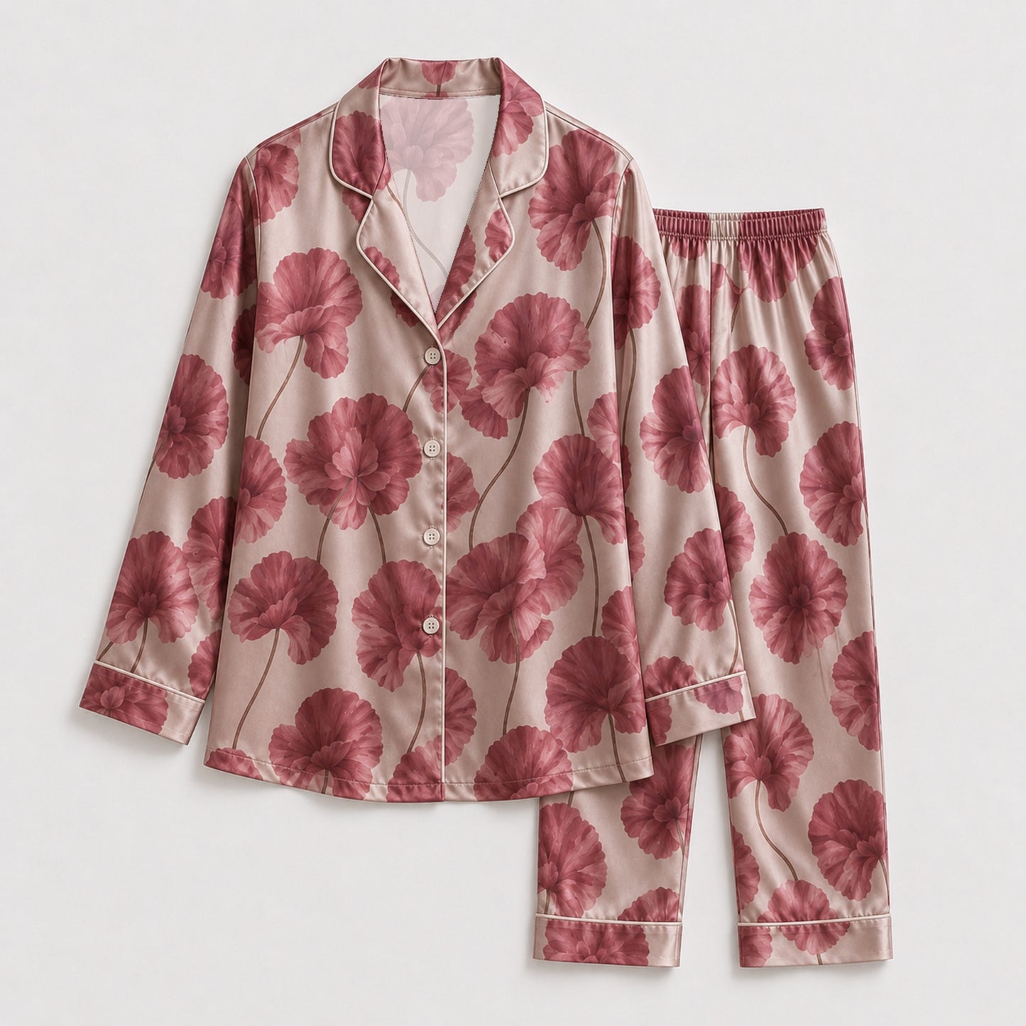 PJ-134-Romantic Floral Satin Pajama Set, Mauve Flower Button Up Nightwear, Cozy Matching Set FREE SHIPING
