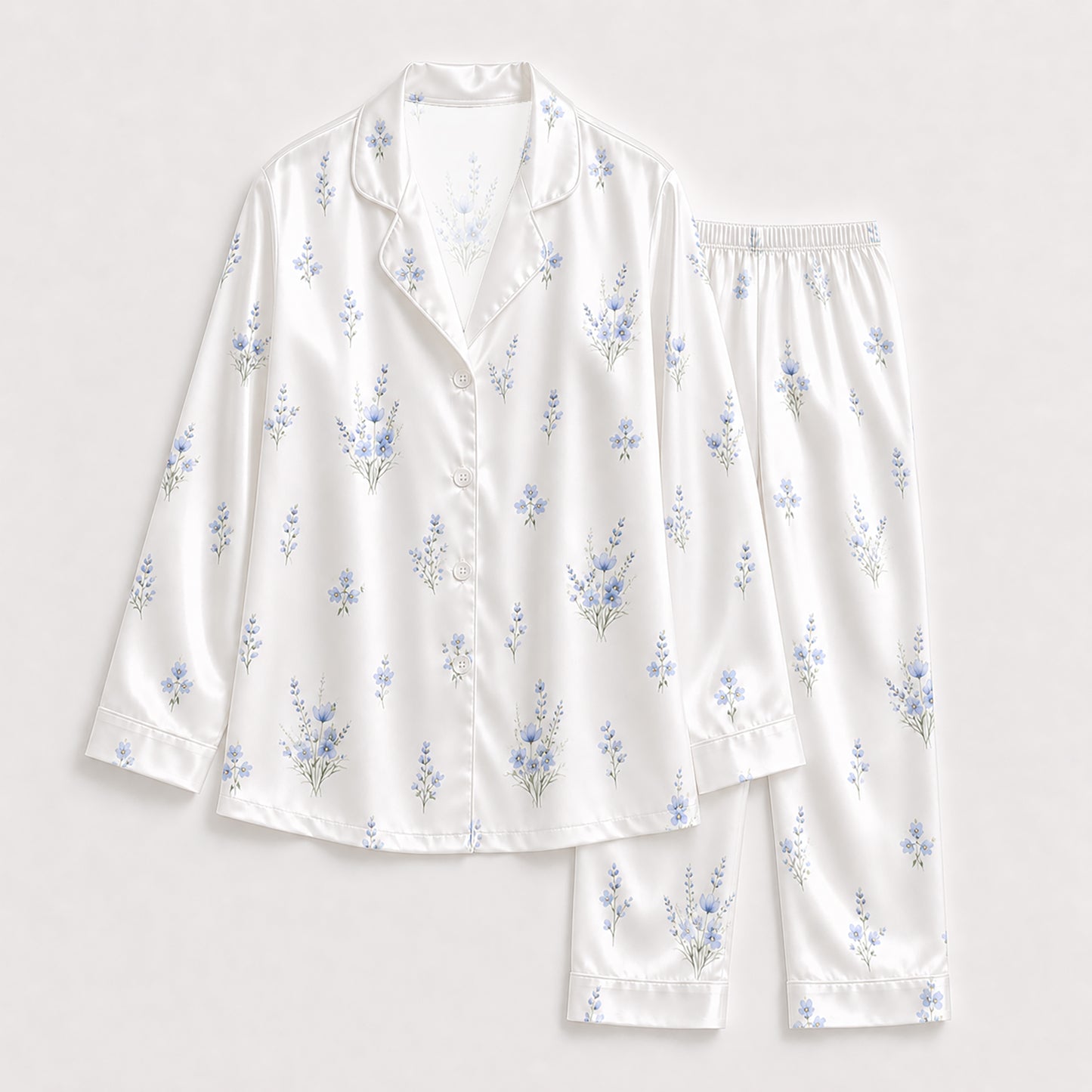PJ-135-Minimal Blue Floral Satin Pajama Set, White Button Up Shirt, Delicate Botanical Sleepwear Gift FREE SHIPING
