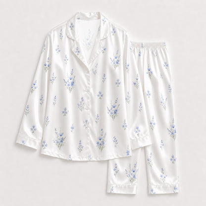 PJ-135-Minimal Blue Floral Satin Pajama Set, White Button Up Shirt, Delicate Botanical Sleepwear Gift FREE SHIPING