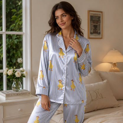 PJ-136-Blue Striped Duck Satin Pajama Set, Silky Button Up PJs, Cute Animal Print Sleepwear, Matching Lounge Set Gift FREE SHIPING