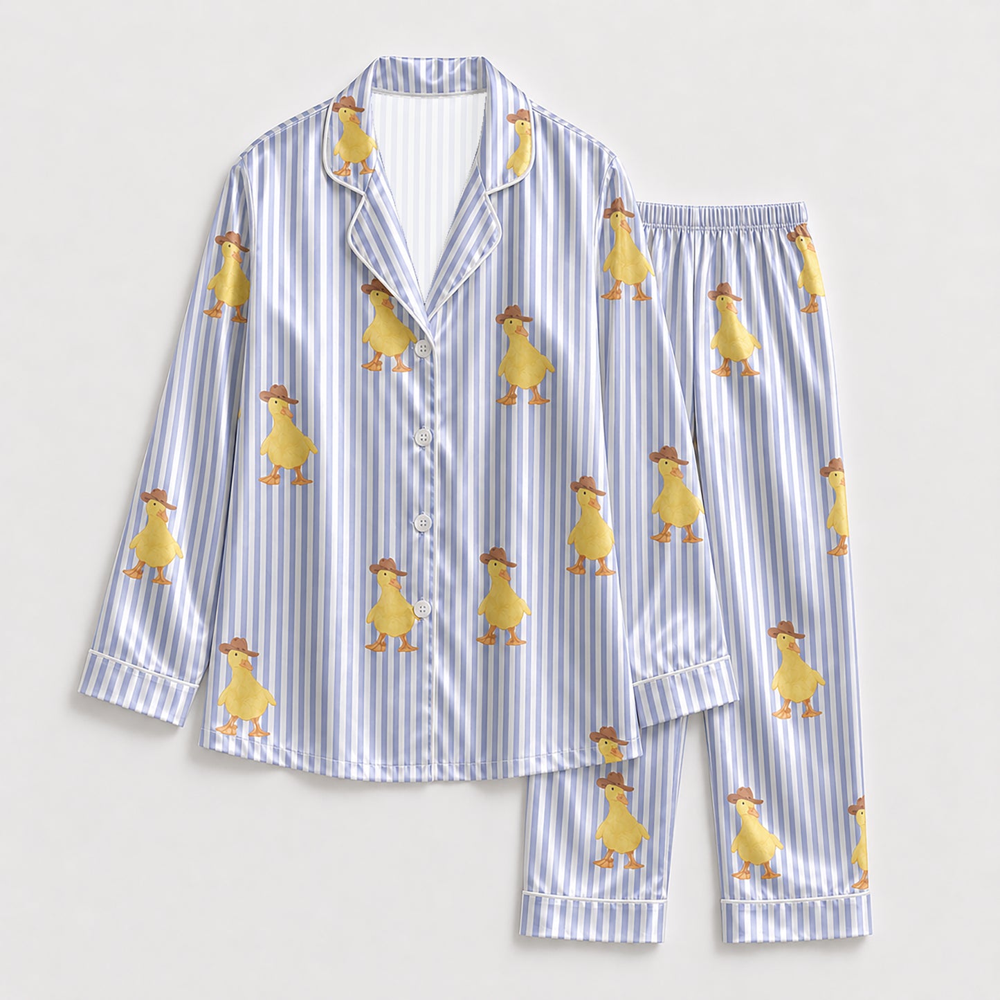PJ-136-Blue Striped Duck Satin Pajama Set, Silky Button Up PJs, Cute Animal Print Sleepwear, Matching Lounge Set Gift FREE SHIPING