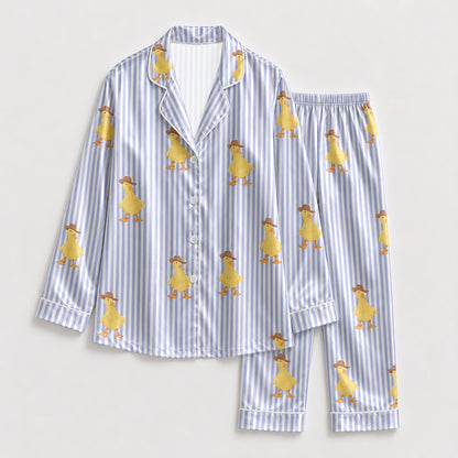PJ-136-Blue Striped Duck Satin Pajama Set, Silky Button Up PJs, Cute Animal Print Sleepwear, Matching Lounge Set Gift FREE SHIPING
