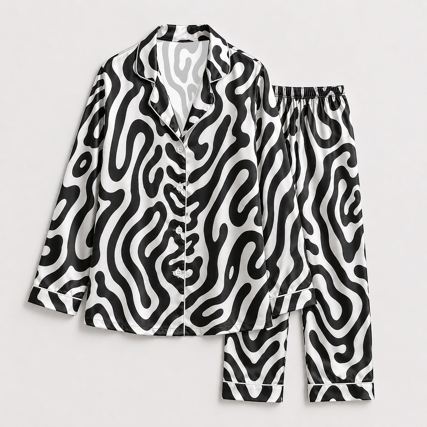 PJ-137-Black White Wavy Satin Pajama Set, Silky Button Up PJs, Modern Abstract Pattern Sleepwear, Matching Lounge Set Gift FREE SHIPING