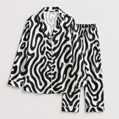 PJ-137-Black White Wavy Satin Pajama Set, Silky Button Up PJs, Modern Abstract Pattern Sleepwear, Matching Lounge Set Gift FREE SHIPING