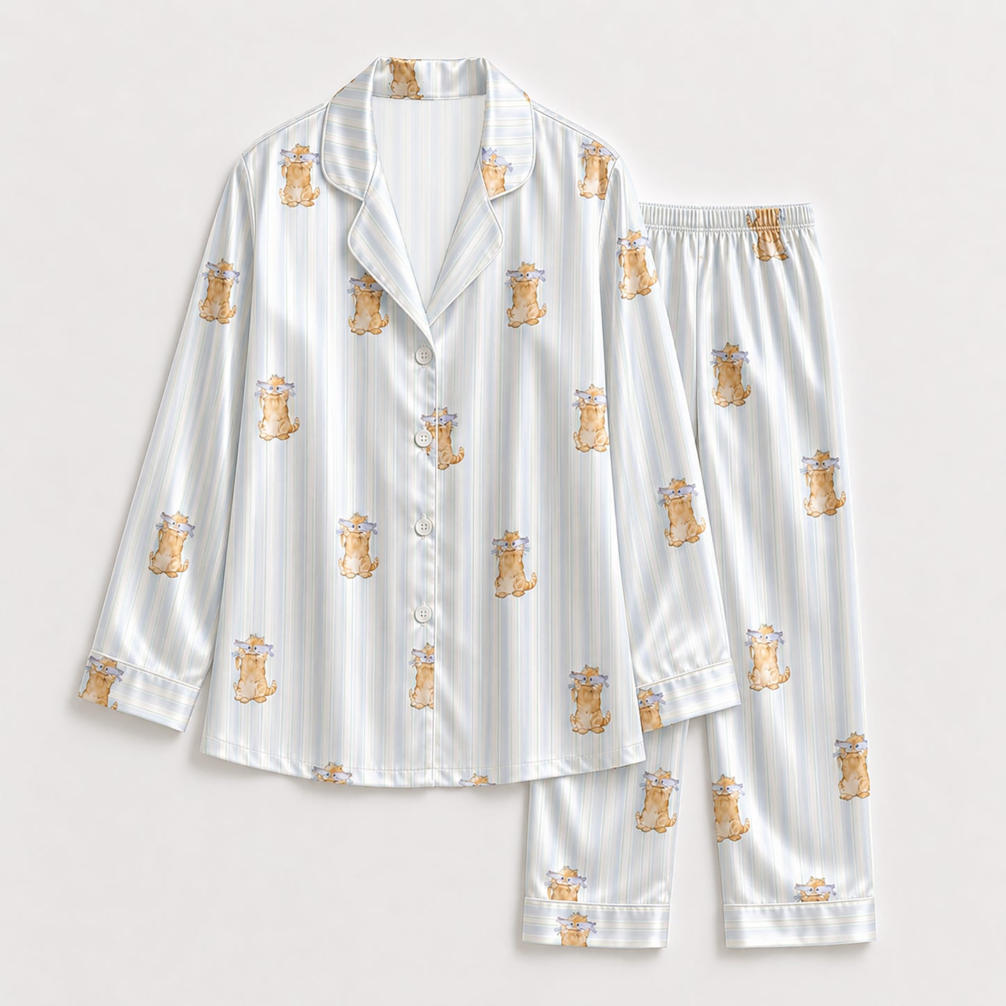 PJ-138-Cute Cat Blue Striped Pajama Set, Silky Satin PJs, Funny Cat Lover Gift, Bridal Party Sleepwear, Cozy Morning Loungewear FREE SHIPING