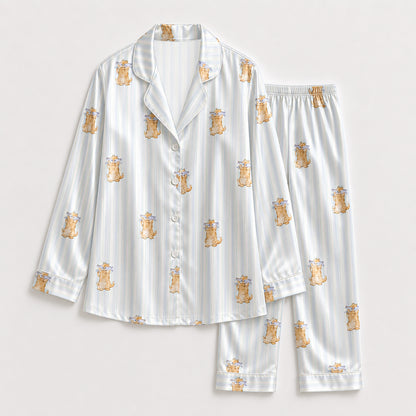 PJ-138-Cute Cat Blue Striped Pajama Set, Silky Satin PJs, Funny Cat Lover Gift, Bridal Party Sleepwear, Cozy Morning Loungewear FREE SHIPING