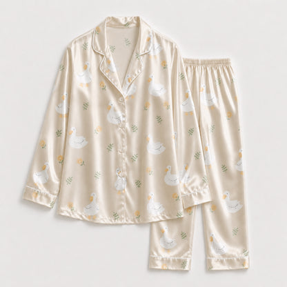PJ-139-Unisex Cream Satin Pajama Set with White Duck Pattern Button Down Shirt and Pants FREE SHIPING