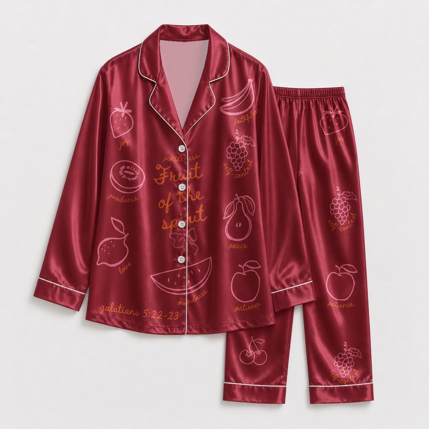 PJ-140-Unisex Satin Pajamas with Fruit of the Spirit Burgundy Print Button Front Sleepwear Set FREE SHIPING