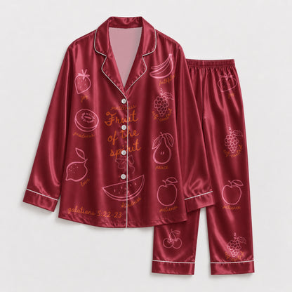 PJ-140-Unisex Satin Pajamas with Fruit of the Spirit Burgundy Print Button Front Sleepwear Set FREE SHIPING