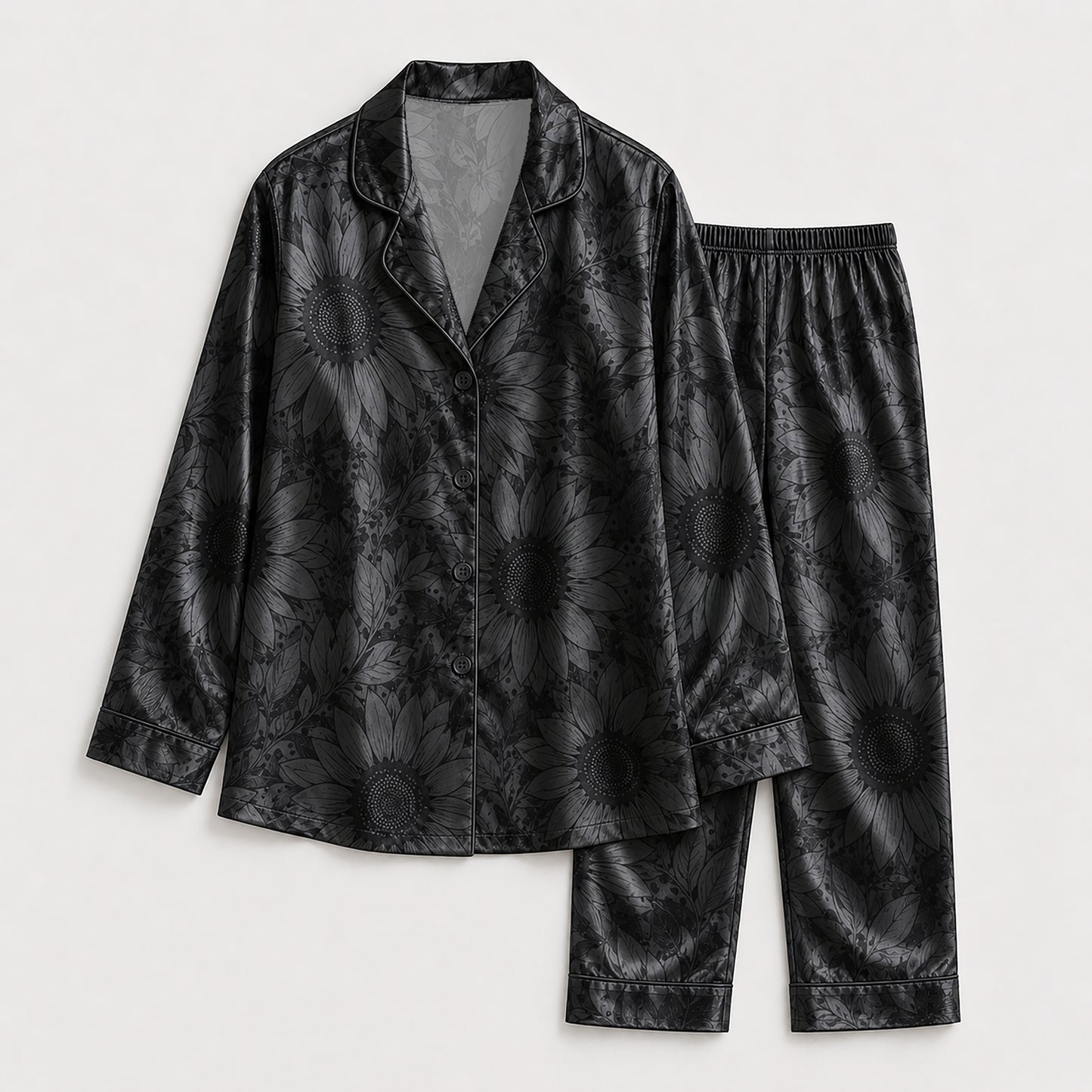 PJ-141-Unisex Satin Pajama Set with Black Sunflower Print Button Down Sleepwear Shirt and Pants FREE SHIPING