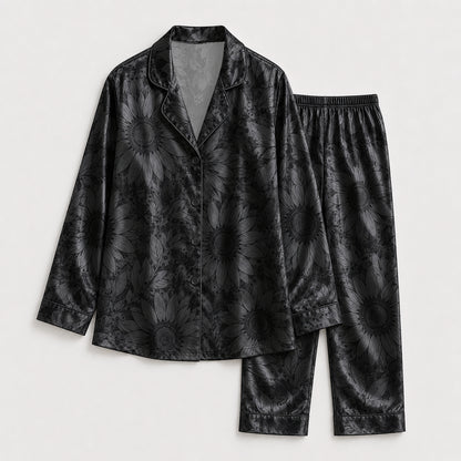 PJ-141-Unisex Satin Pajama Set with Black Sunflower Print Button Down Sleepwear Shirt and Pants FREE SHIPING