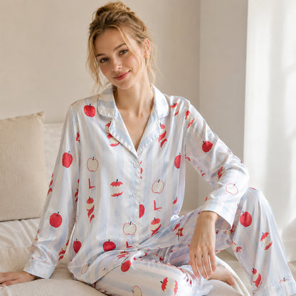 PJ-142-Unisex Satin Pajama Set with Red Apple Print Blue Striped Button Down Sleepwear Shirt and Pants FREE SHIPING