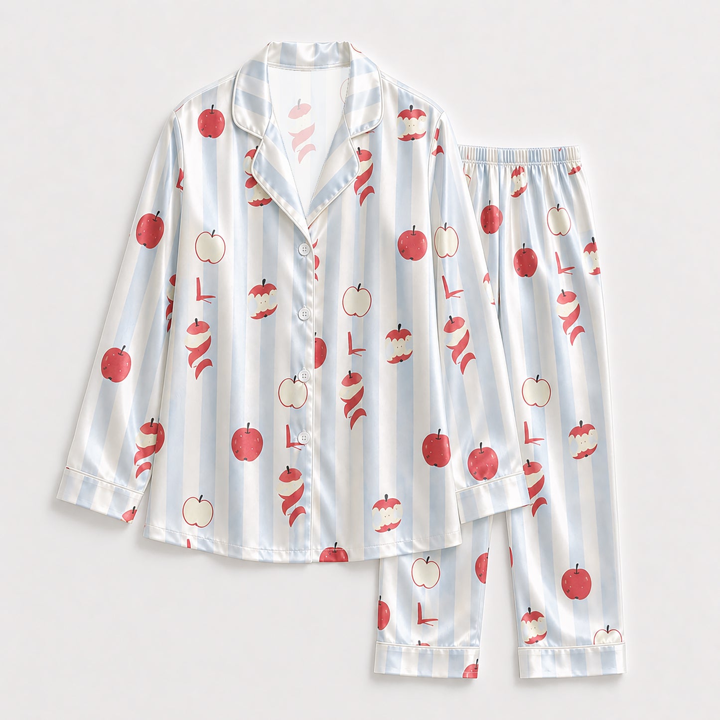 PJ-142-Unisex Satin Pajama Set with Red Apple Print Blue Striped Button Down Sleepwear Shirt and Pants FREE SHIPING