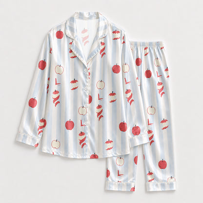 PJ-142-Unisex Satin Pajama Set with Red Apple Print Blue Striped Button Down Sleepwear Shirt and Pants FREE SHIPING