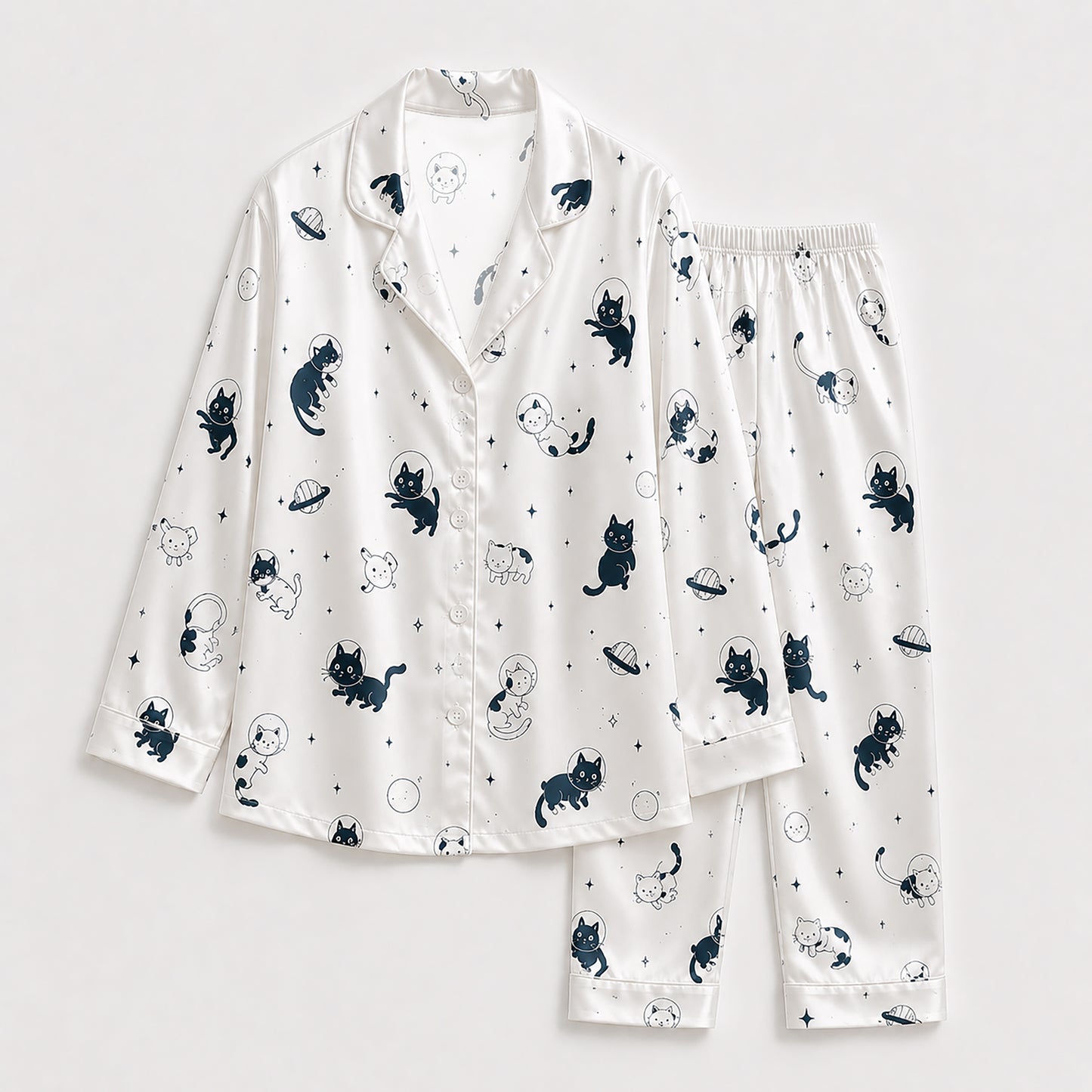 PJ-143-Unisex Satin Pajamas with Astronaut Cat Print White Button Front Sleepwear Set FREE SHIPING