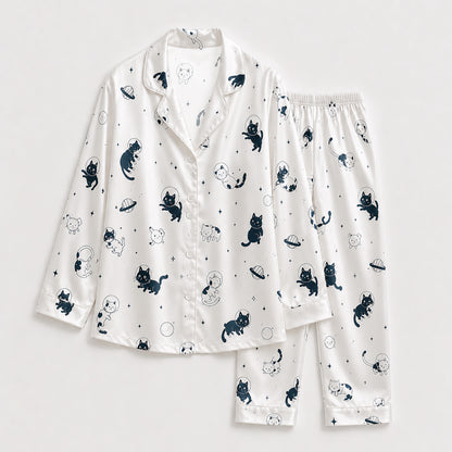 PJ-143-Unisex Satin Pajamas with Astronaut Cat Print White Button Front Sleepwear Set FREE SHIPING