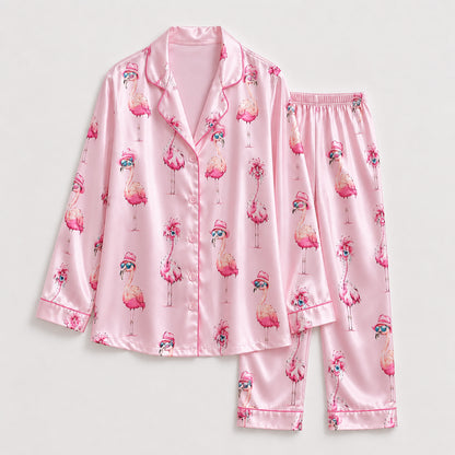 PJ-144-Women Pink Satin Pajamas with Flamingo Print Button Front Sleepwear Shirt and Pants FREE SHIPING