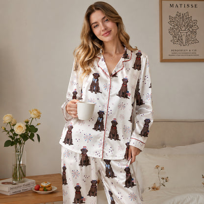 PJ-145-Unisex Chocolate Labrador Dog Satin Pajamas Patriotic 4th Of July Loungewear Sleepwear Nightwear Pjs Two Piece FREE SHIPING