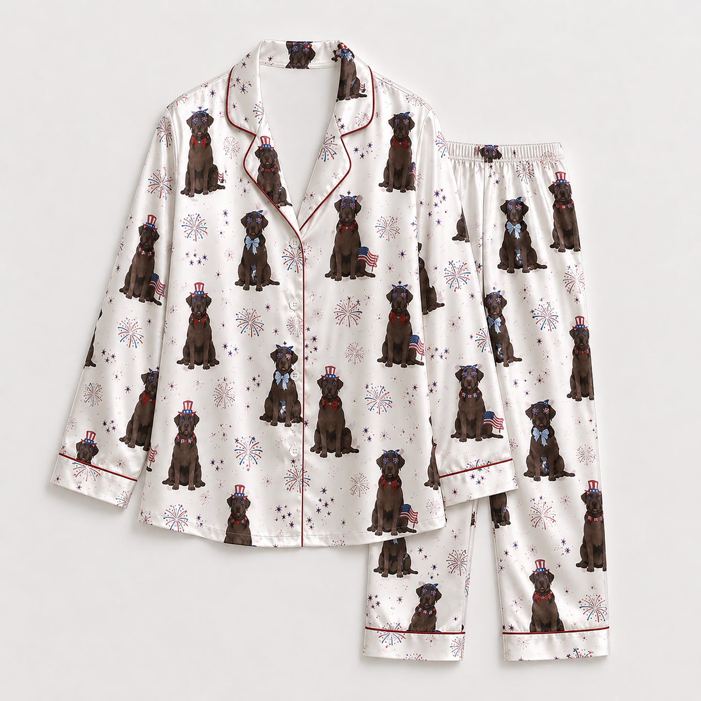 PJ-145-Unisex Chocolate Labrador Dog Satin Pajamas Patriotic 4th Of July Loungewear Sleepwear Nightwear Pjs Two Piece FREE SHIPING