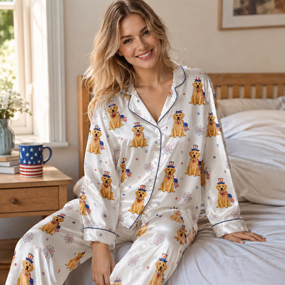 PJ-146-White Unisex Satin Golden Lab Pattern Pajamas Patriotic Fireworks Loungewear Sleepwear Nightwear Apparel Matching Set FREE SHIPING