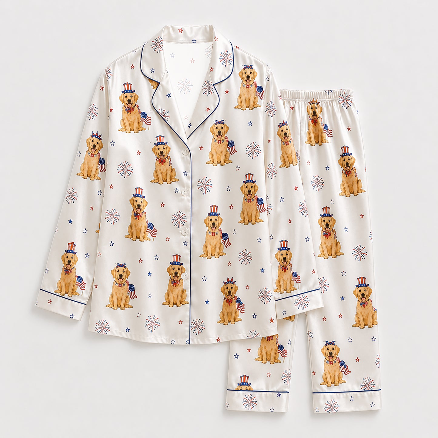 PJ-146-White Unisex Satin Golden Lab Pattern Pajamas Patriotic Fireworks Loungewear Sleepwear Nightwear Apparel Matching Set FREE SHIPING