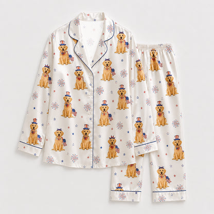 PJ-146-White Unisex Satin Golden Lab Pattern Pajamas Patriotic Fireworks Loungewear Sleepwear Nightwear Apparel Matching Set FREE SHIPING
