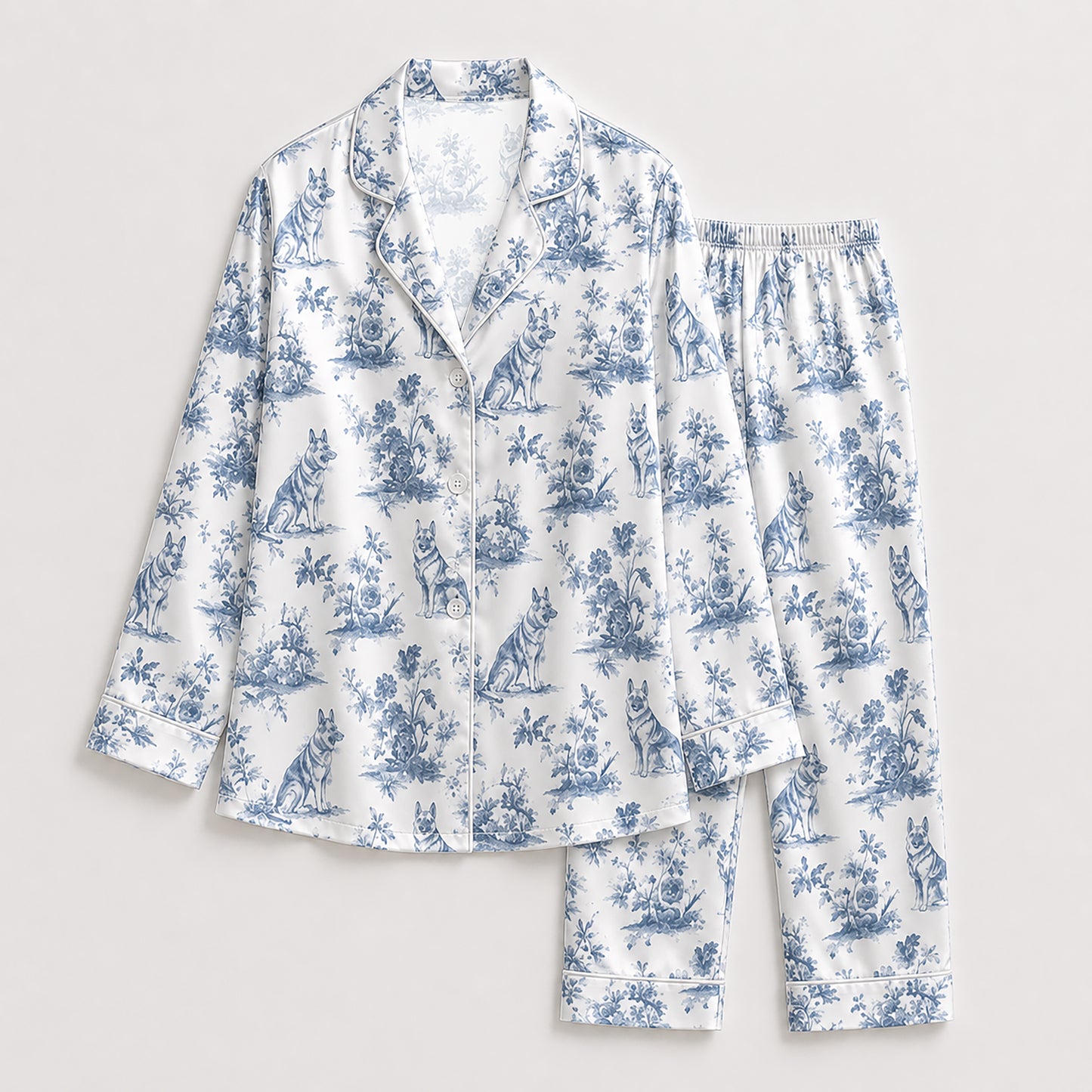 PJ-147-Unisex Satin Pajama Set with Blue Dog Toile Print Button Down Sleepwear Shirt and Pants FREE SHIPING