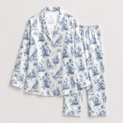 PJ-147-Unisex Satin Pajama Set with Blue Dog Toile Print Button Down Sleepwear Shirt and Pants FREE SHIPING