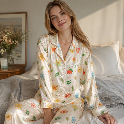 PJ-148-Women Satin Pajamas with Colorful Flower Print Button Front Sleepwear Shirt and Pants FREE SHIPING