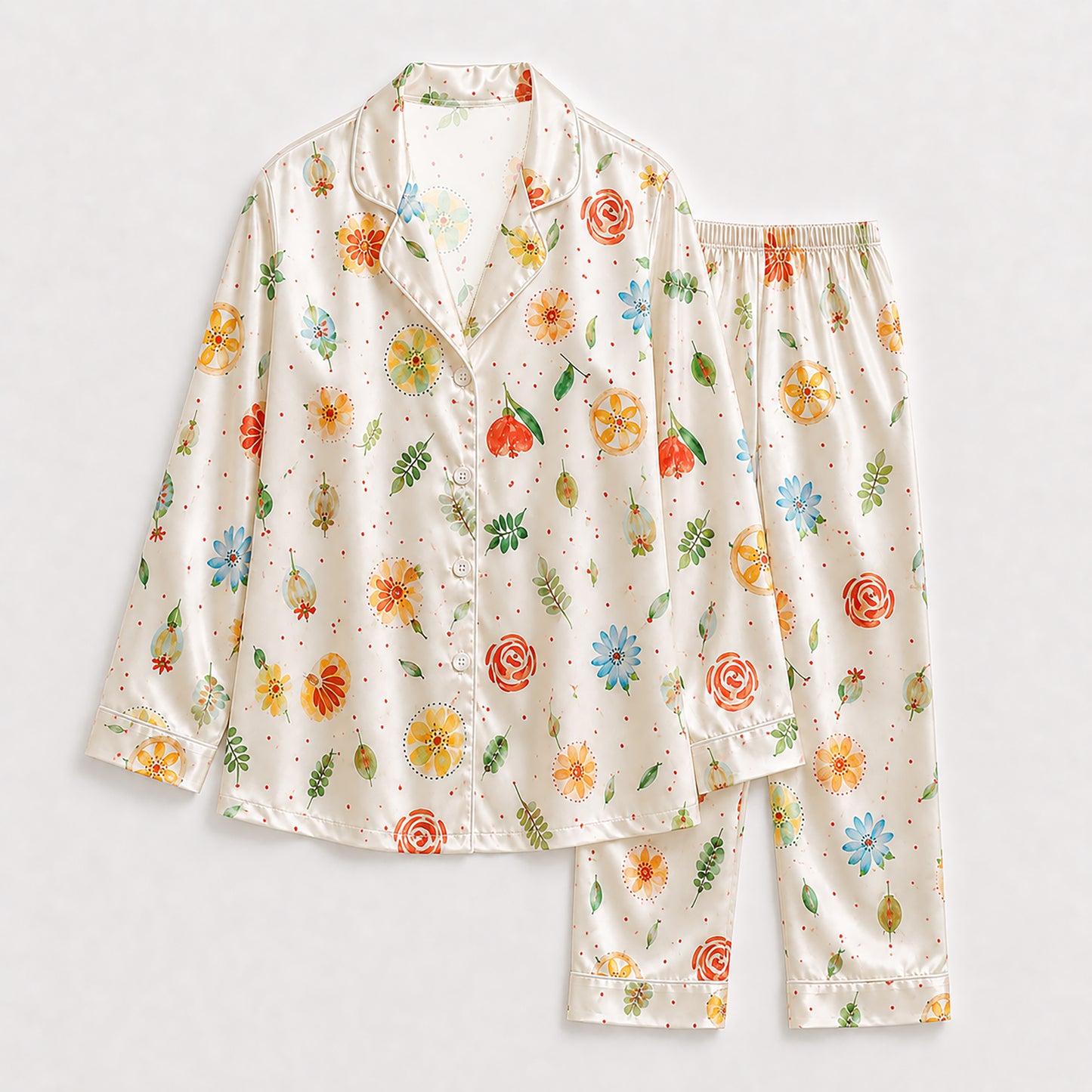 PJ-148-Women Satin Pajamas with Colorful Flower Print Button Front Sleepwear Shirt and Pants FREE SHIPING