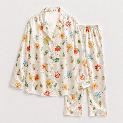 PJ-148-Women Satin Pajamas with Colorful Flower Print Button Front Sleepwear Shirt and Pants FREE SHIPING