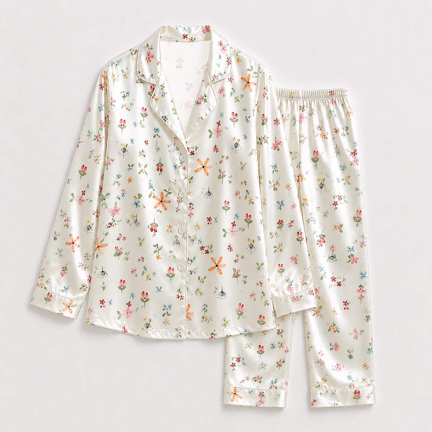 PJ-149-Women Satin Pajama Set with Dainty Floral Print Button Down Sleepwear Shirt and Pants FREE SHIPING
