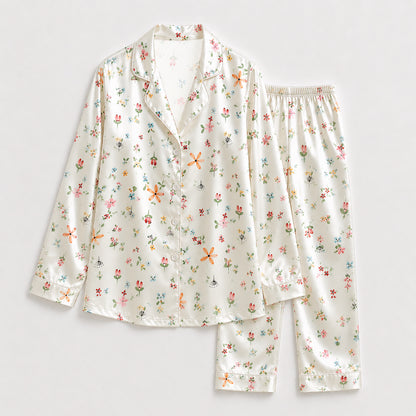 PJ-149-Women Satin Pajama Set with Dainty Floral Print Button Down Sleepwear Shirt and Pants FREE SHIPING