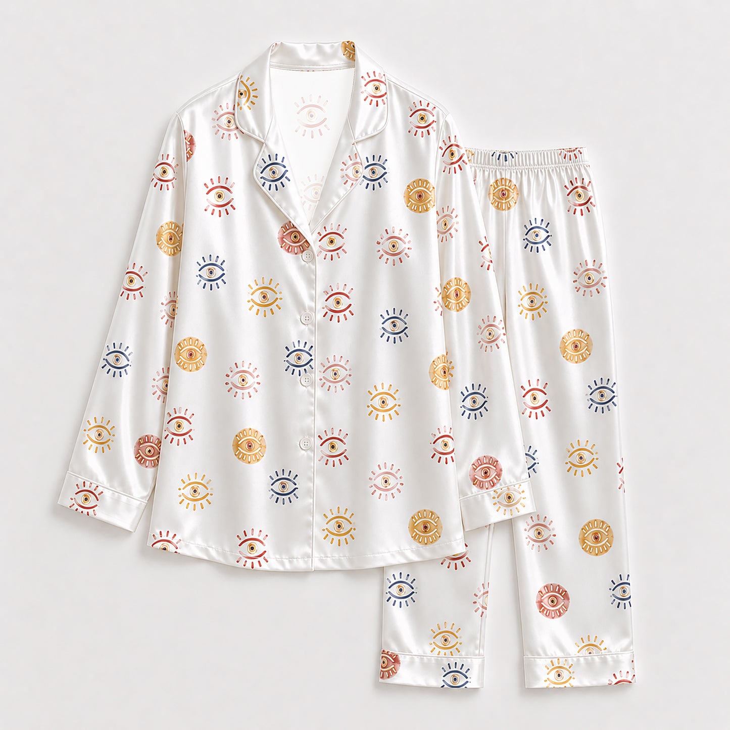 PJ-150-Unisex Satin Pajama Set with Evil Eye Sun Print White Button Down Sleepwear FREE SHIPING