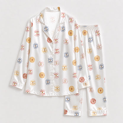 PJ-150-Unisex Satin Pajama Set with Evil Eye Sun Print White Button Down Sleepwear FREE SHIPING