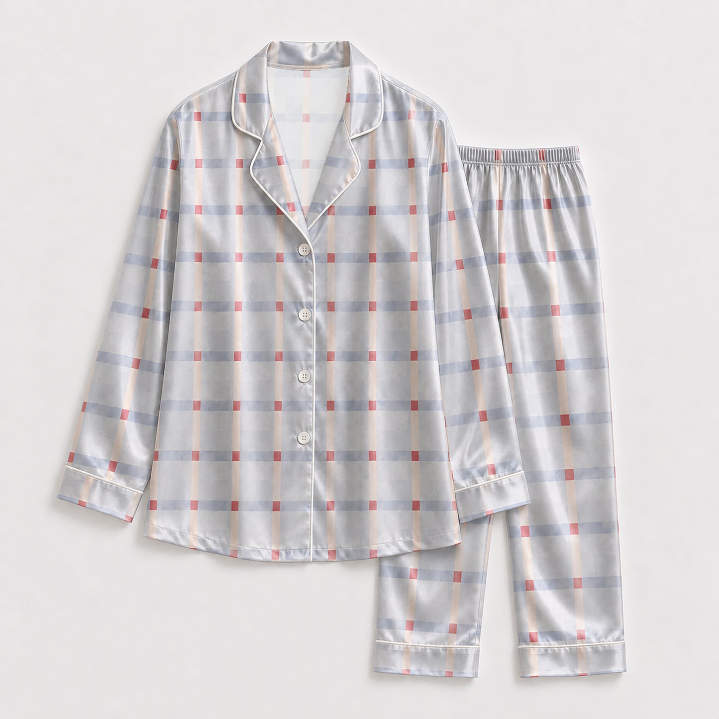 PJ-151-Unisex Satin Pajama Set with Blue Plaid Print Button Down Sleepwear Shirt and Pants FREE SHIPING