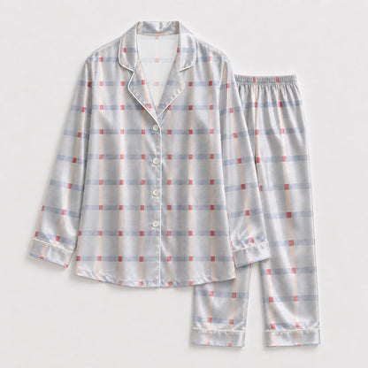 PJ-151-Unisex Satin Pajama Set with Blue Plaid Print Button Down Sleepwear Shirt and Pants FREE SHIPING