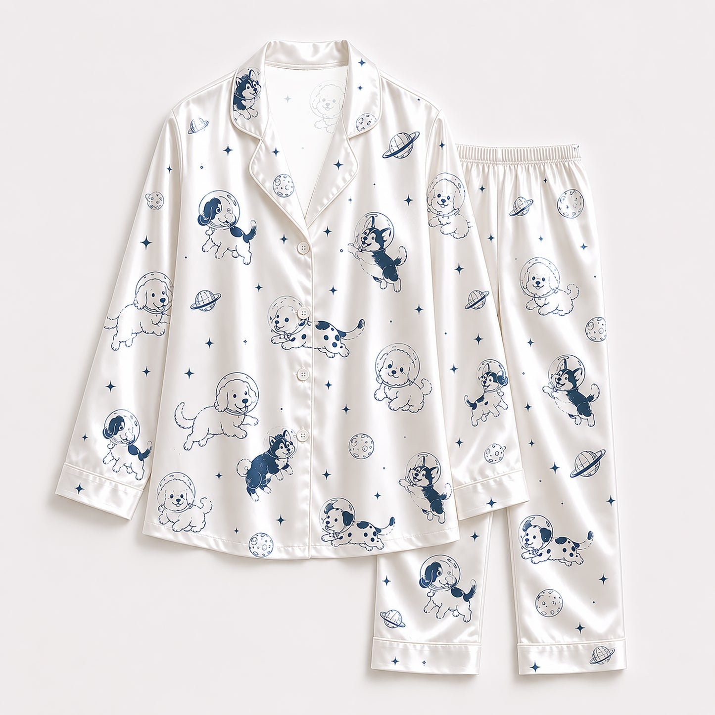 PJ-152-Unisex Satin Pajama Set with Space Dog Print White Button Down Sleepwear Shirt and Pants FREE SHIPING
