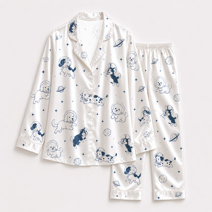 PJ-152-Unisex Satin Pajama Set with Space Dog Print White Button Down Sleepwear Shirt and Pants FREE SHIPING
