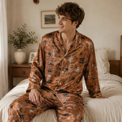PJ-153-Brown Unisex Satin Taco Pattern Pajamas Mexican Food Theme Loungewear Sleepwear Nightwear Apparel Matching Set FREE SHIPING