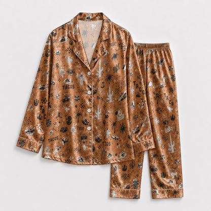 PJ-153-Brown Unisex Satin Taco Pattern Pajamas Mexican Food Theme Loungewear Sleepwear Nightwear Apparel Matching Set FREE SHIPING
