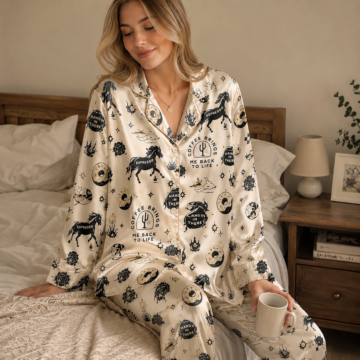 PJ-154-Satin Beige Desert Espresso Graphic Black Piping Button Up Pajama Set FREE SHIPING