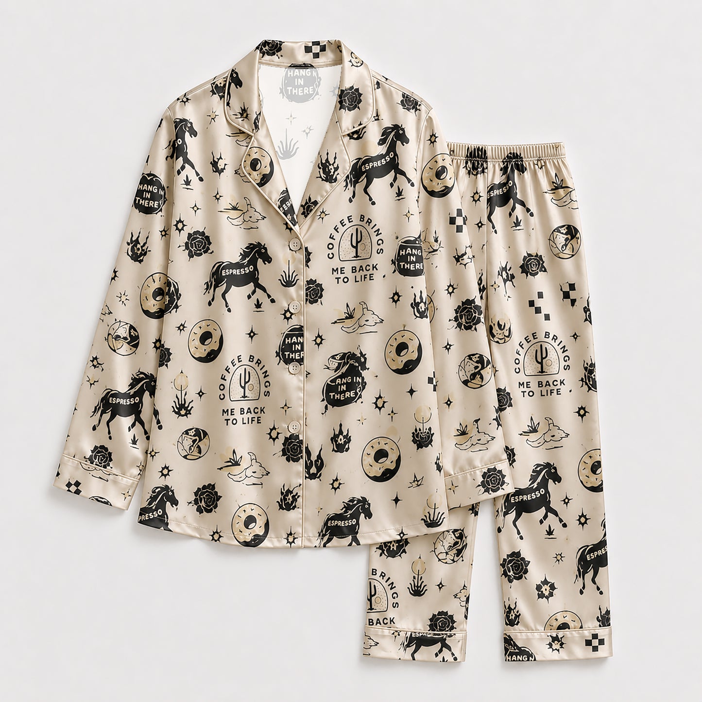 PJ-154-Satin Beige Desert Espresso Graphic Black Piping Button Up Pajama Set FREE SHIPING