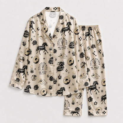 PJ-154-Satin Beige Desert Espresso Graphic Black Piping Button Up Pajama Set FREE SHIPING