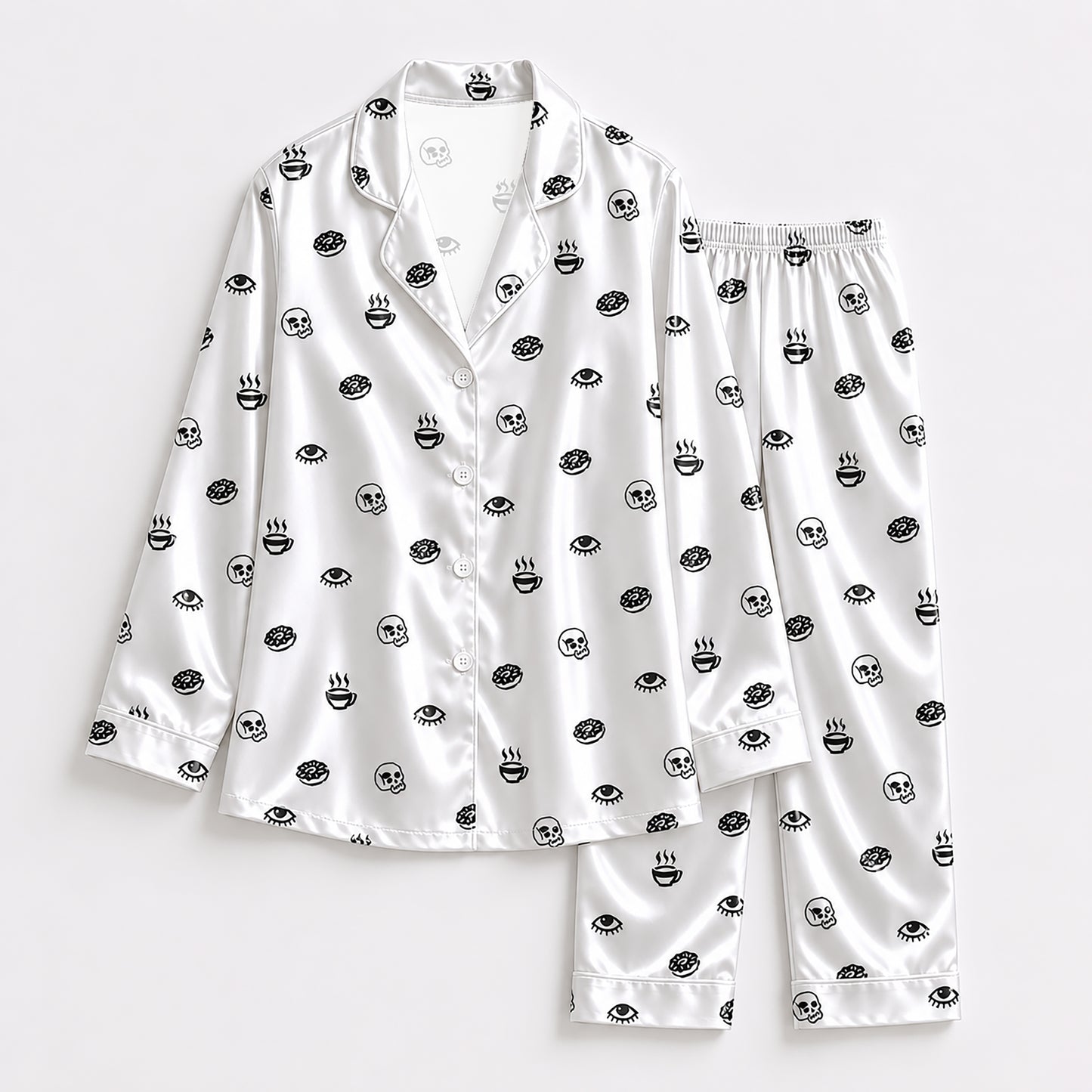 PJ-155-Unisex Satin Pajama Set with Black Skull Eye Print White Button Down Sleepwear Shirt and Bottoms FREE SHIPING