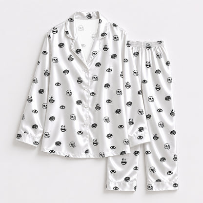 PJ-155-Unisex Satin Pajama Set with Black Skull Eye Print White Button Down Sleepwear Shirt and Bottoms FREE SHIPING
