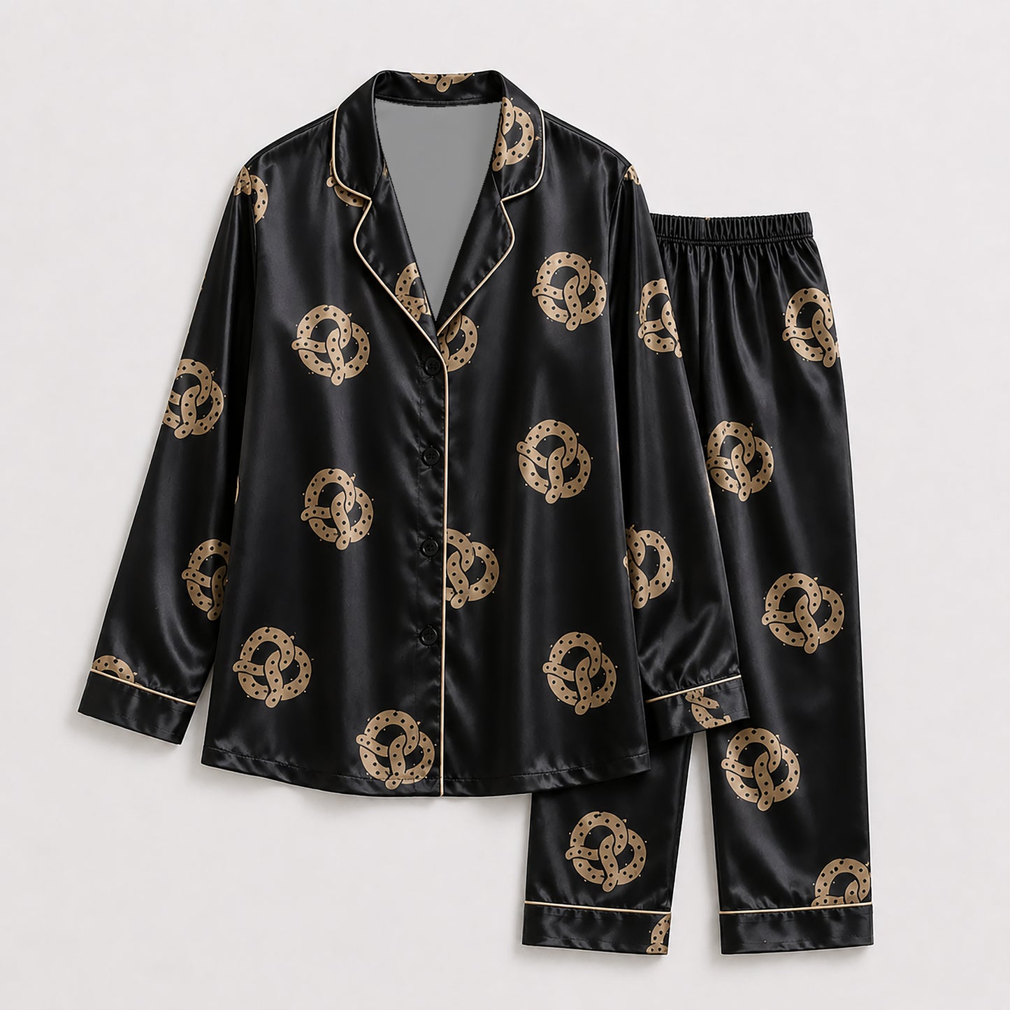 PJ-156-Satin Black Pretzel Gold Piping Button Up Pajama Set FREE SHIPING